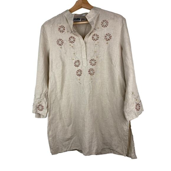 Edward Women's M Beige 100% Irish Linen Embroidered Beaded Tunic Top - Picture 1 of 8